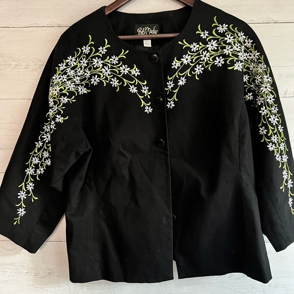 Bob Macke Womens collarless Jacket Black Blouse Wearable Art Floral Sz Large EUC - Picture 2 of 10